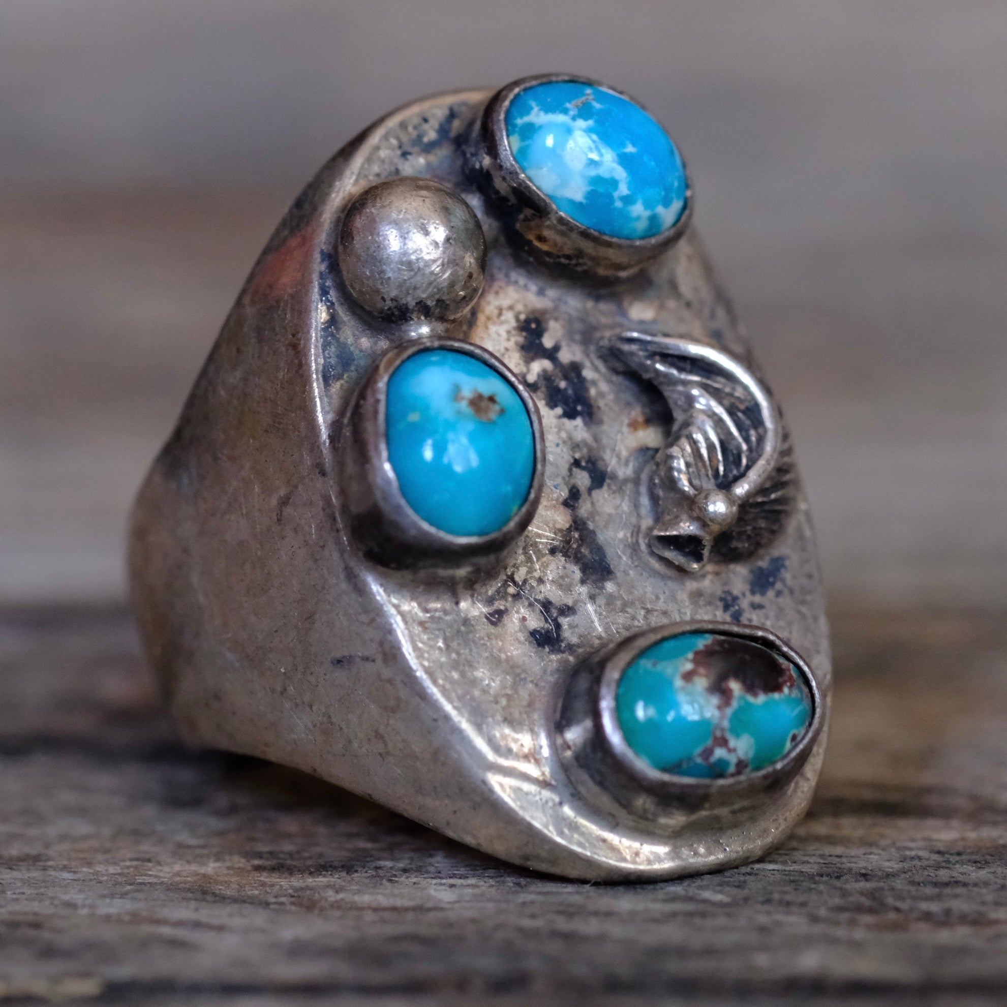 Vintage Sterling 3-Stone Turquoise Feather Ring 8