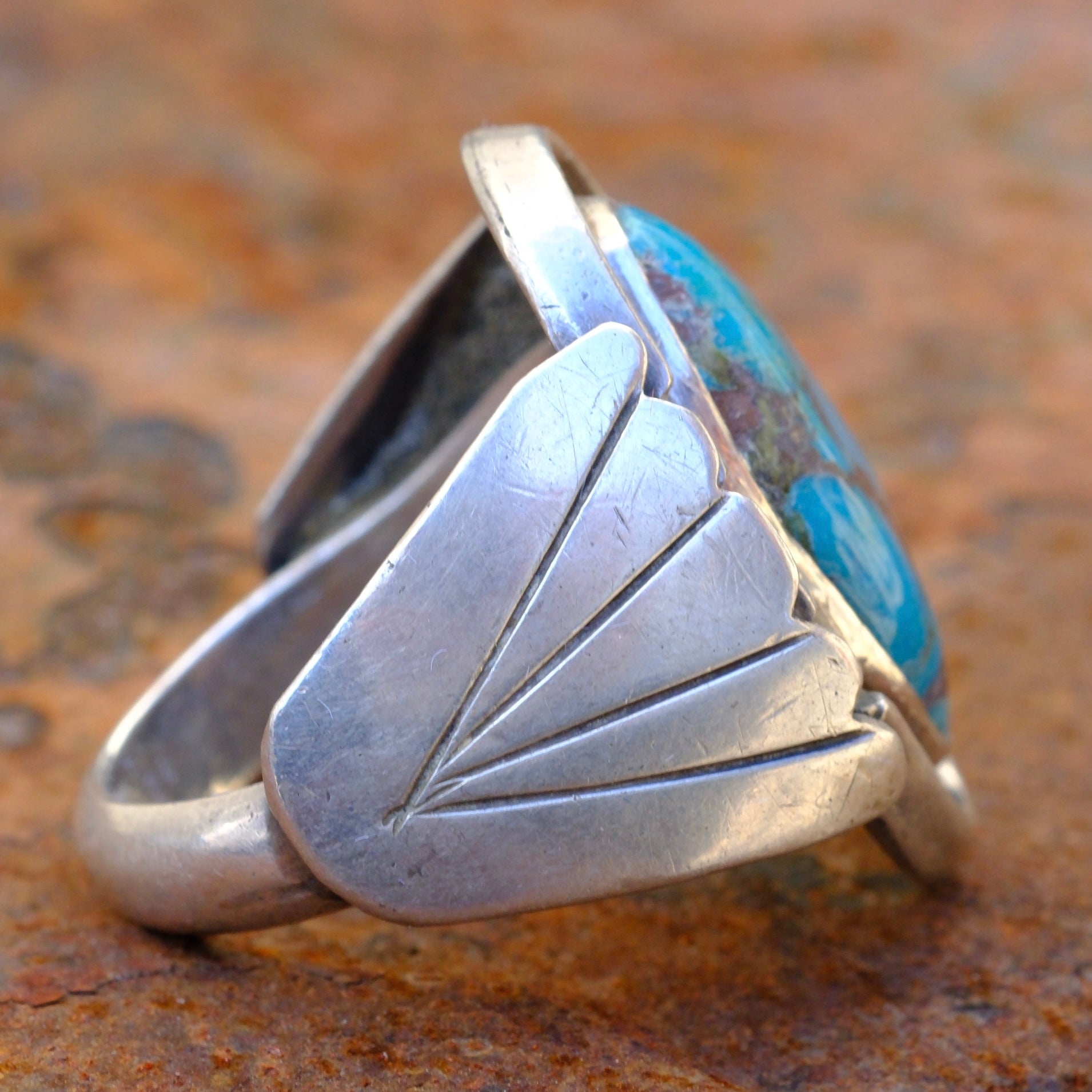 Vintage Sterling Turquoise Ribbed Band Ring 11