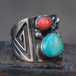 Vintage Sterling Turquoise and Coral Tribal Band 9