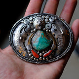Vintage Sterling Turquoise and Coral Bear Claw Belt Buckle