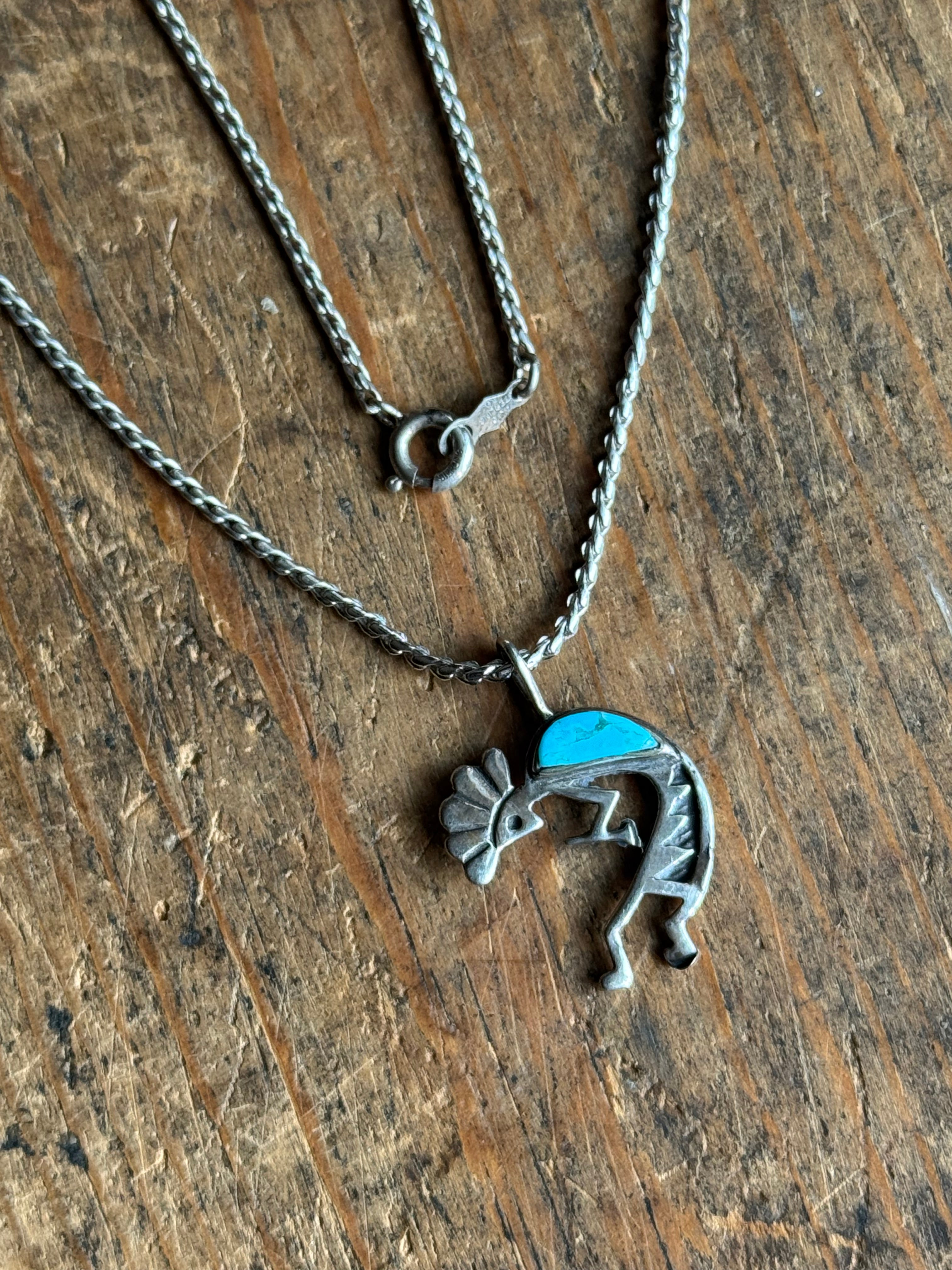 Vintage Sterling Silver Turquoise Kokopelli 15" Necklace