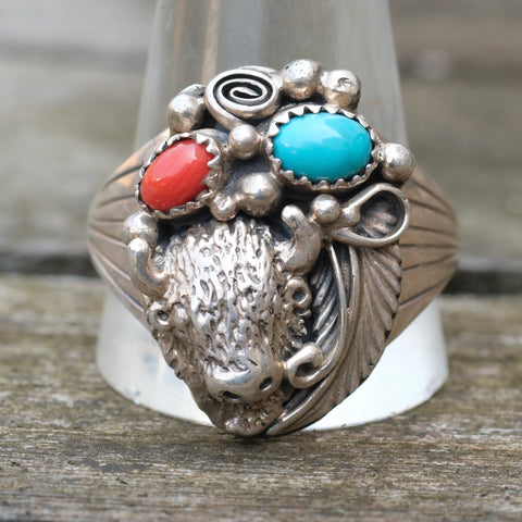 Vintage Sterling Turquoise and Coral Buffalo Ring 14