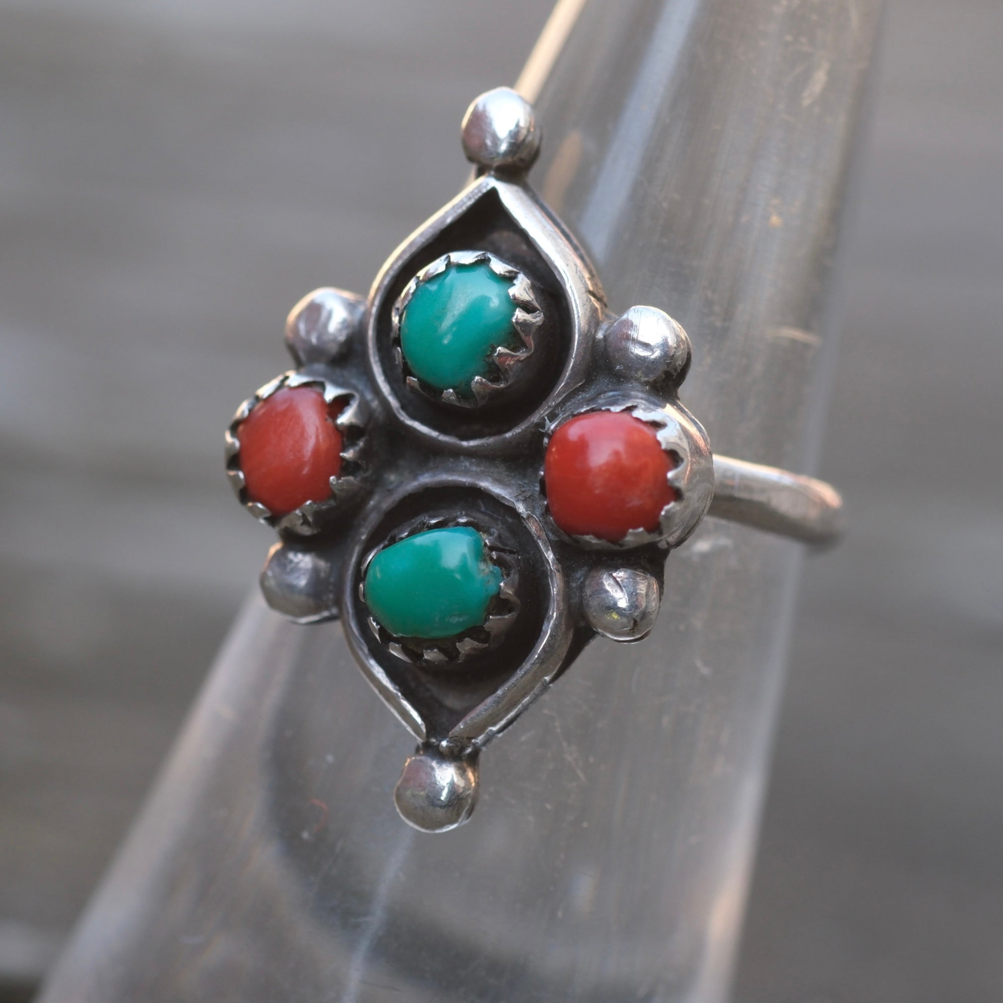 Vintage Sterling Turquoise and Coral Cluster Ring 5.25
