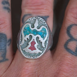 Vintage Sterling Crushed Turquoise and Coral Thunderbird Ring 10