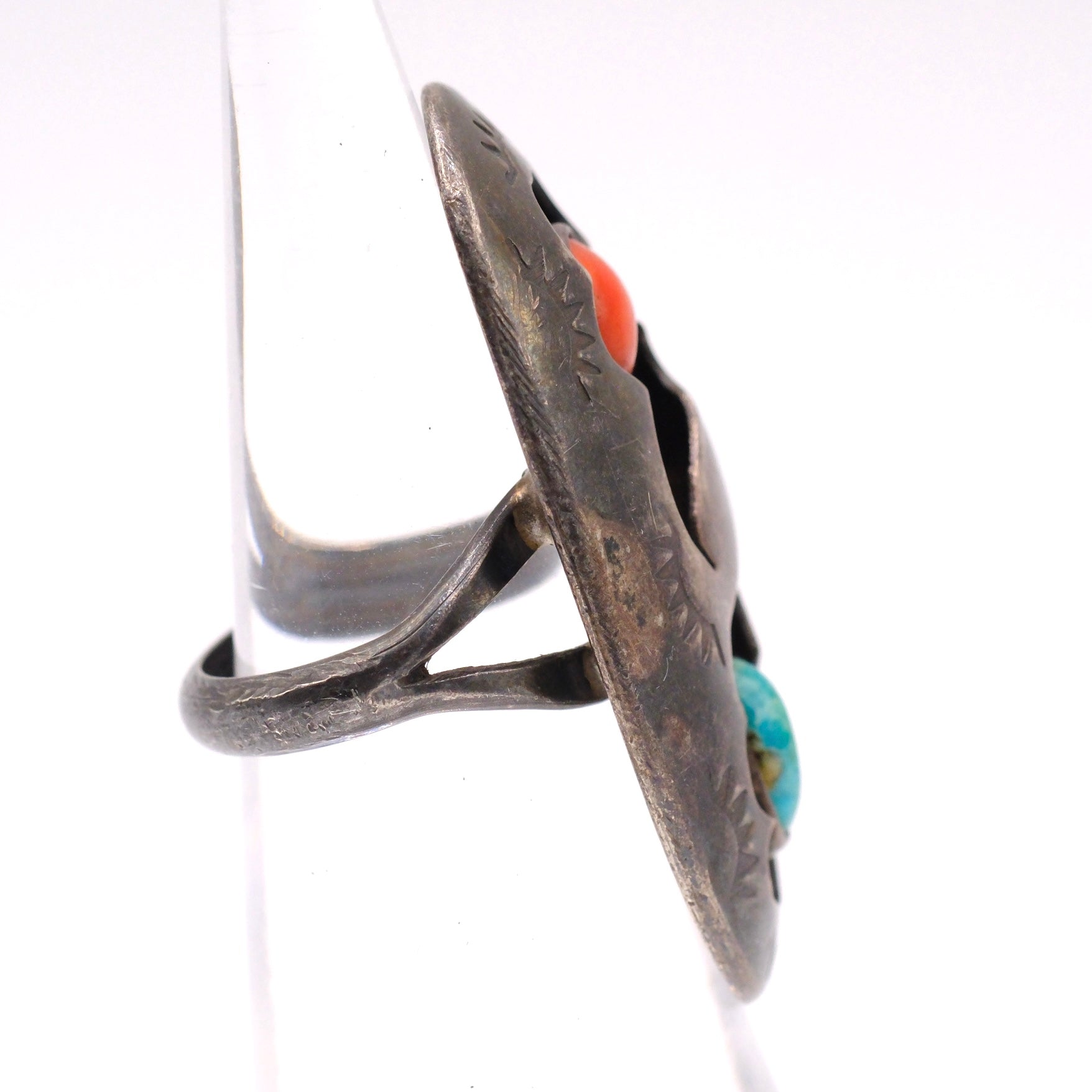 Vintage Sterling Turquoise and Coral Shadowbox Ring 3.75