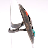 Vintage Sterling Turquoise and Coral Shadowbox Ring 3.75