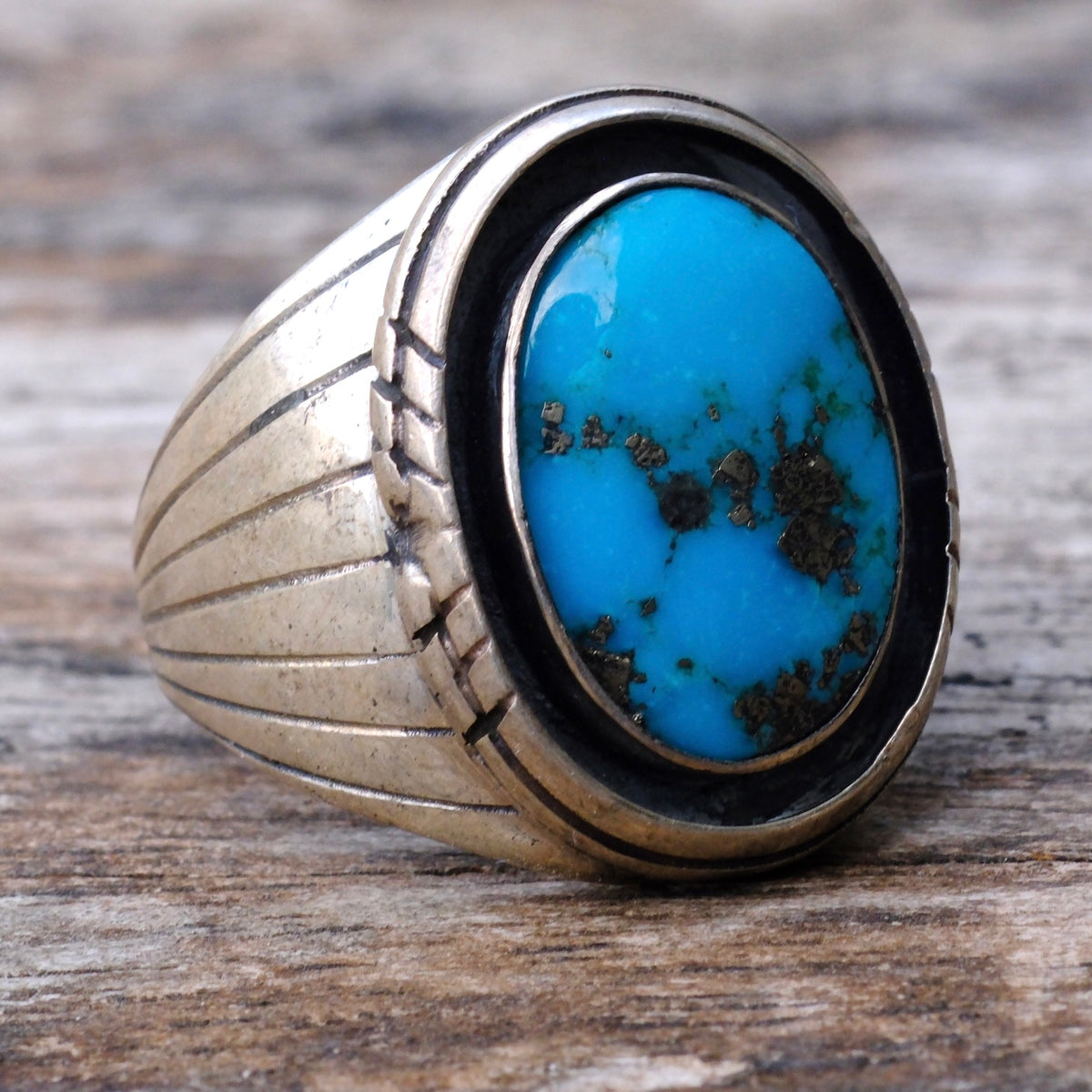 Vintage Sterling Turquoise Ribbed Band Ring 9