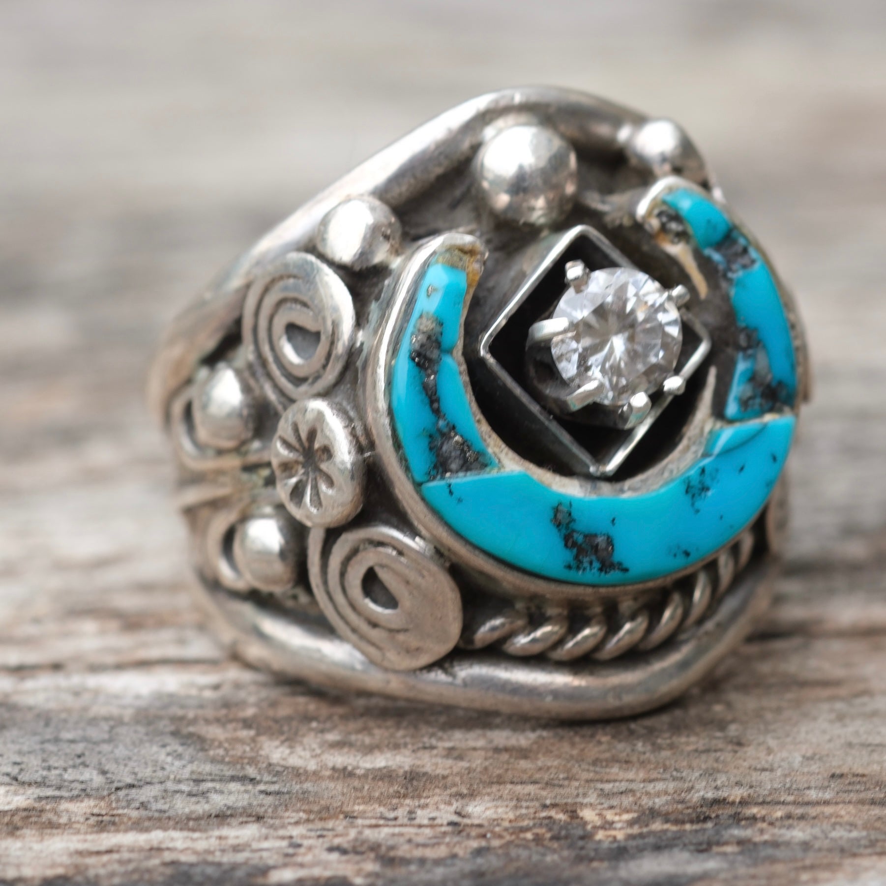 Vintage Sterling Lucky Horseshoe Turquoise Cz Ring 8.75