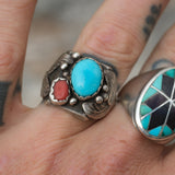 Vintage Sterling Turquoise and Coral Feather Ring 11