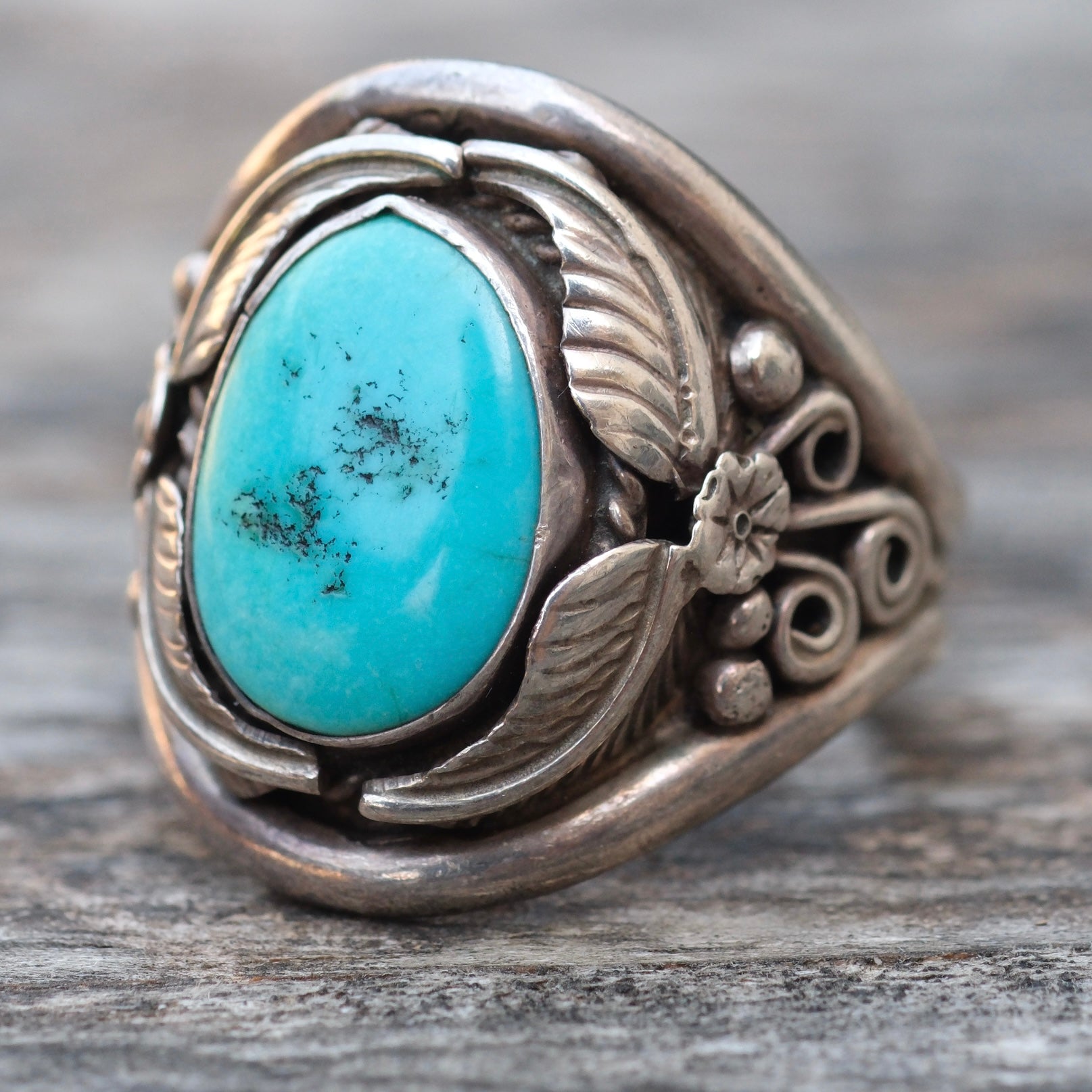 Vintage Sterling Turquoise Feather Ring 11