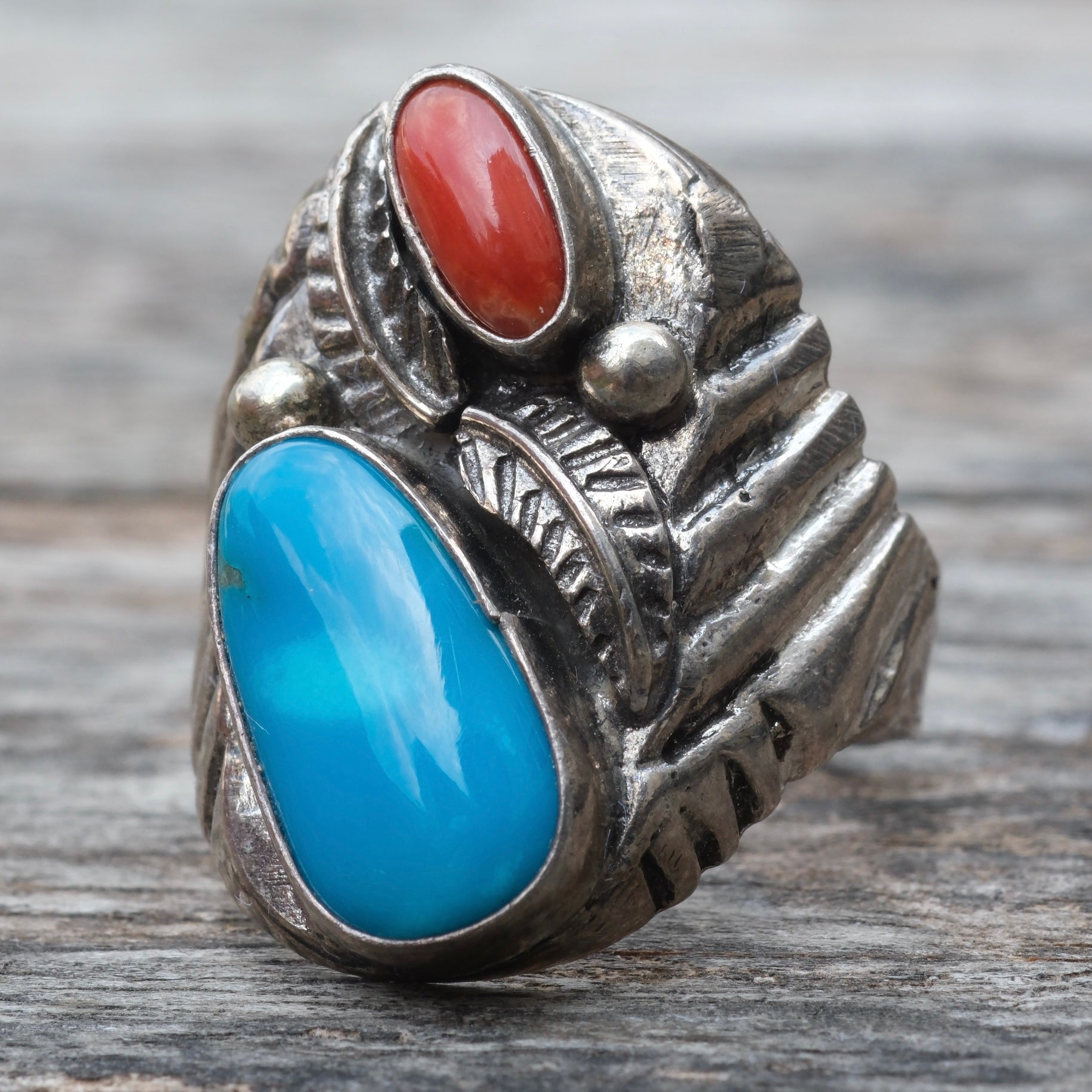 Vintage Sterling Turquoise and Coral Ring 9.75