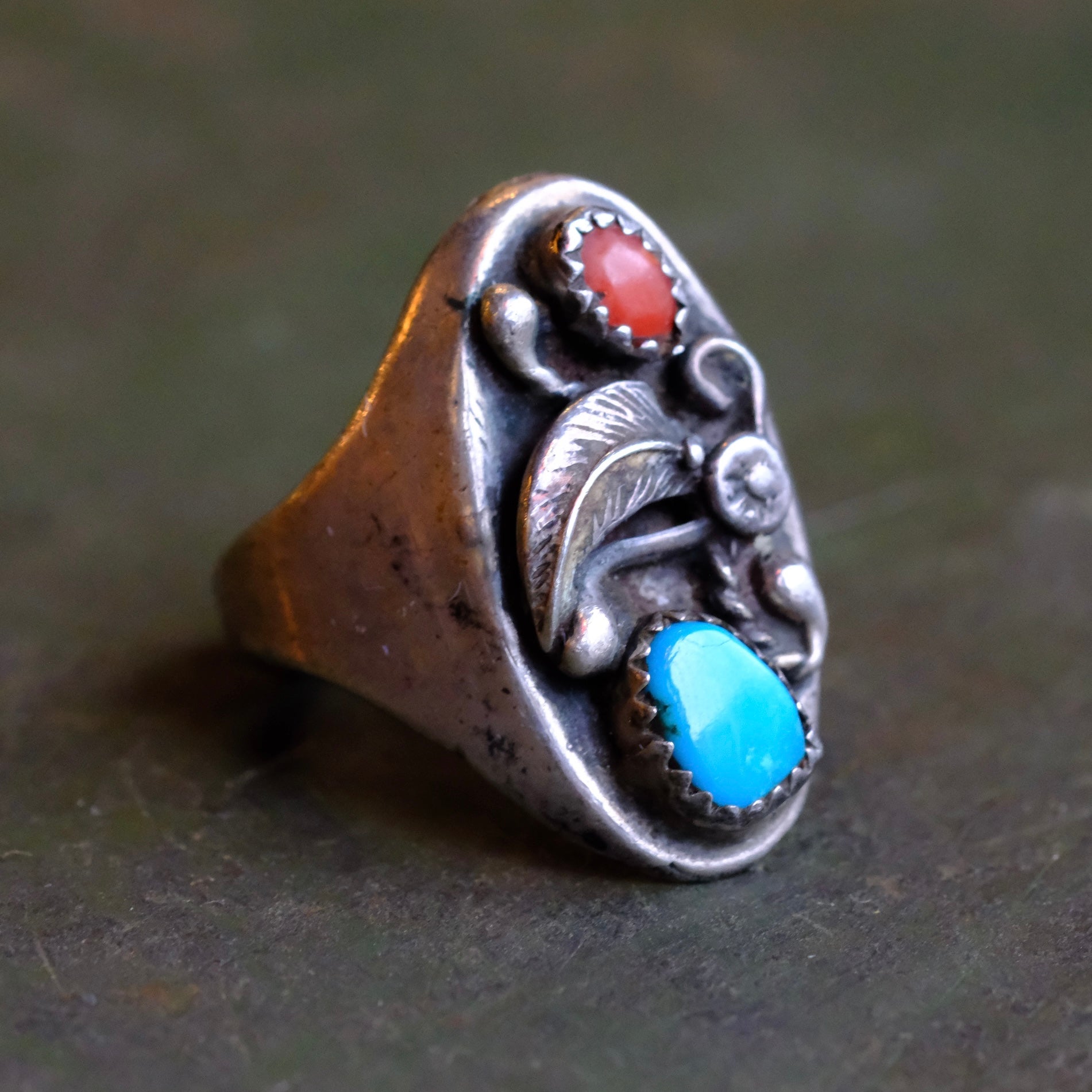 Vintage Sterling Turquoise and Coral Feather Ring 8