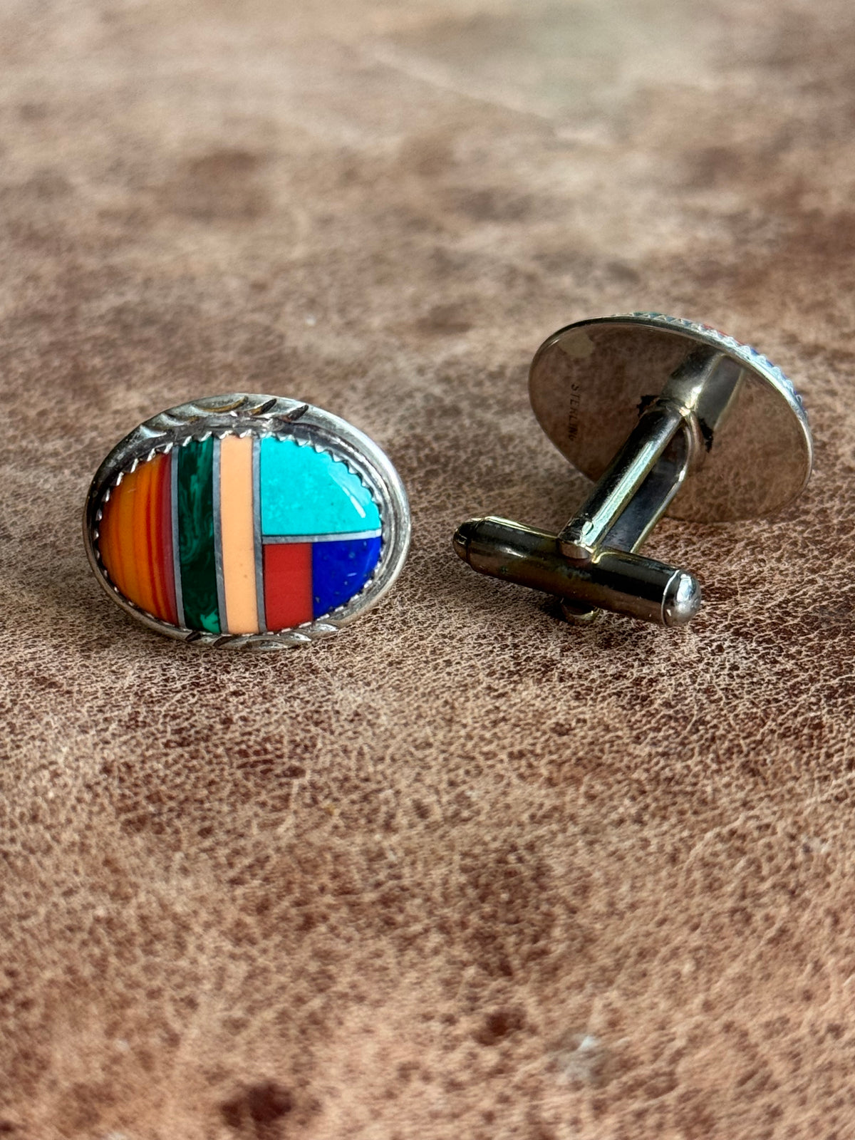 Vintage Sterling Silver Multistone Inlay Framed Cufflinks