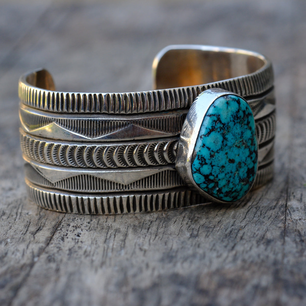 Alex Sanchez Sterling Silver Stamped Kingman Turquoise Cuff Bracelet