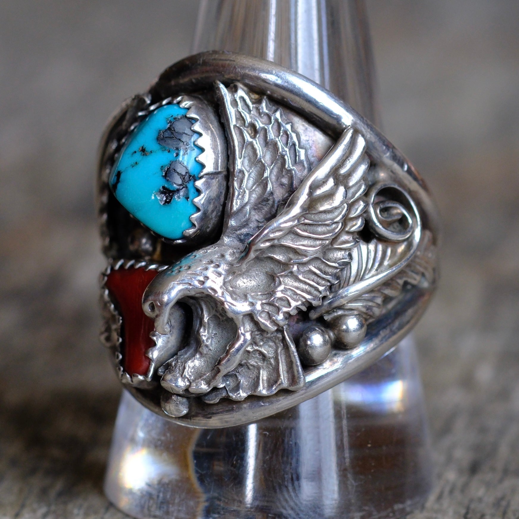 Vintage Sterling Turquoise and Coral Eagle Ring 11