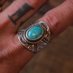 Vintage Sterling Turquoise Stamped Band Navajo Ring 11.5