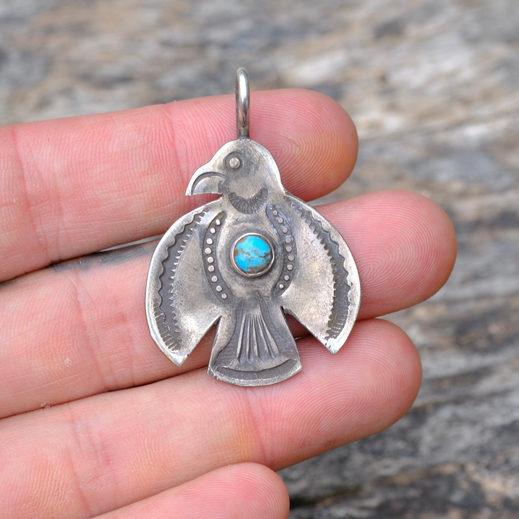 Sterling Silver Stamped Turquoise Thunderbird Necklace