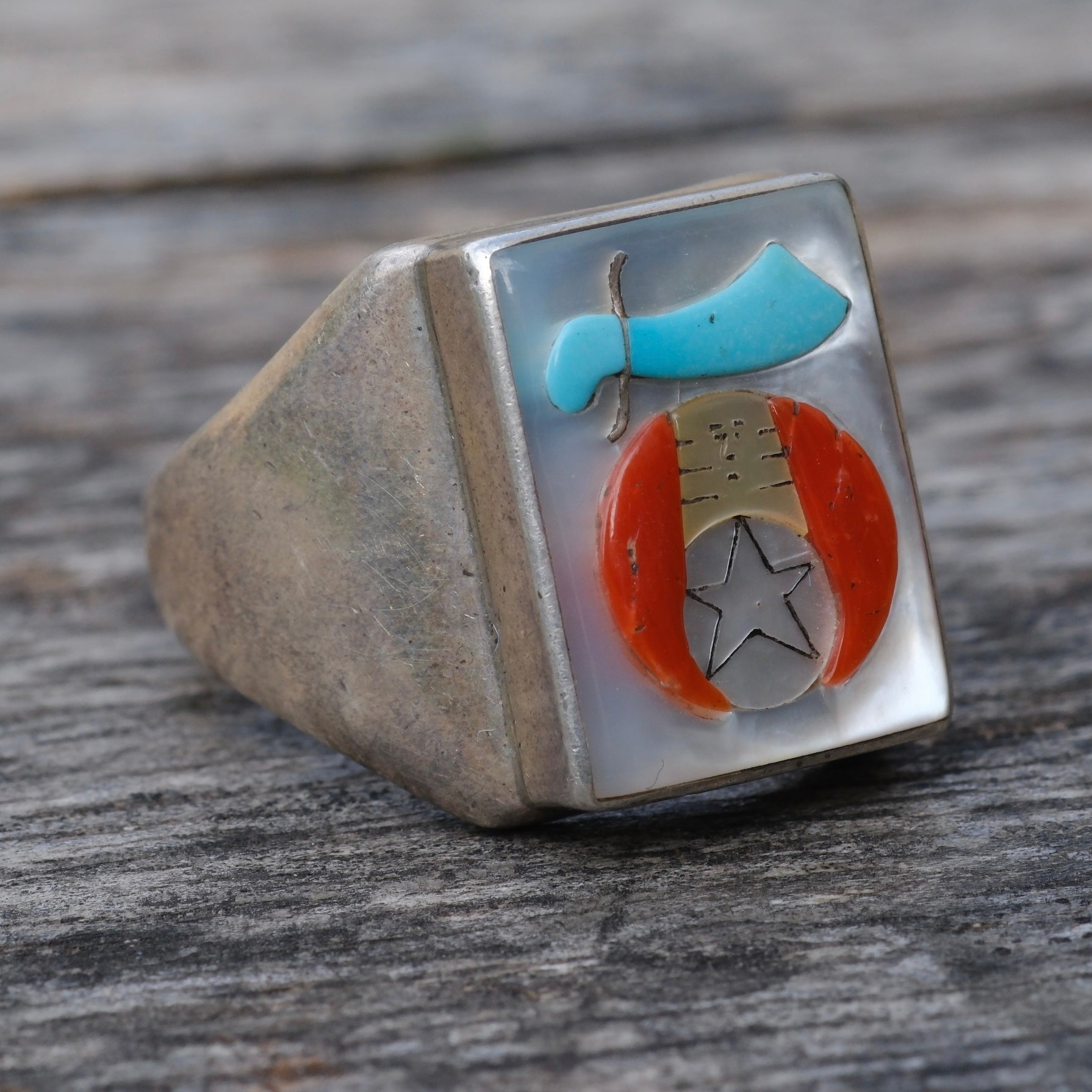 Vintage Sterling Zuni Inlay Shriners Ring 10.75