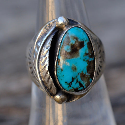 Vintage Sterling Turquoise Feather Stamped Band Ring 7.25