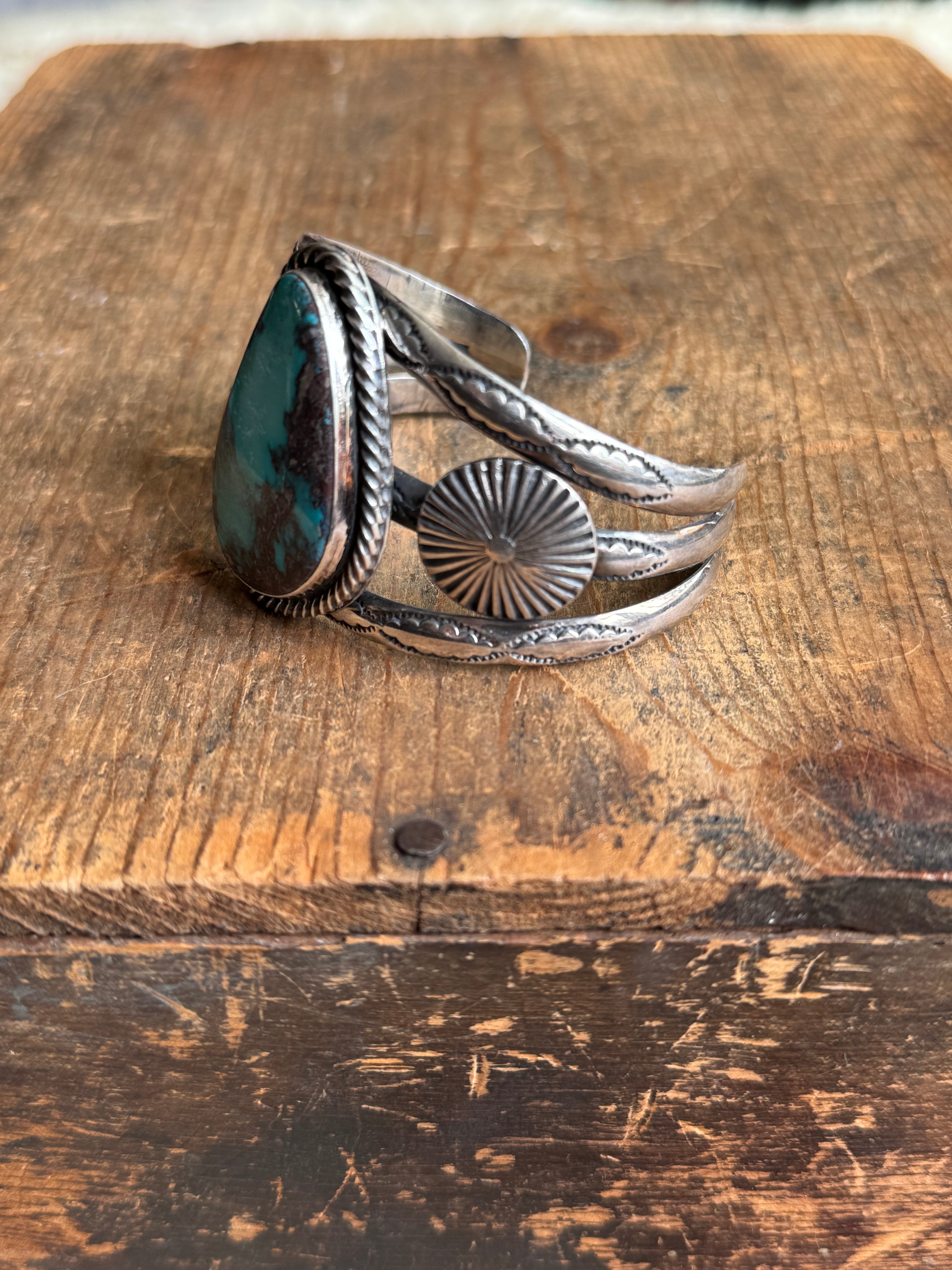Vintage Sterling Silver Stamped Turquoise Sun Coin Cuff