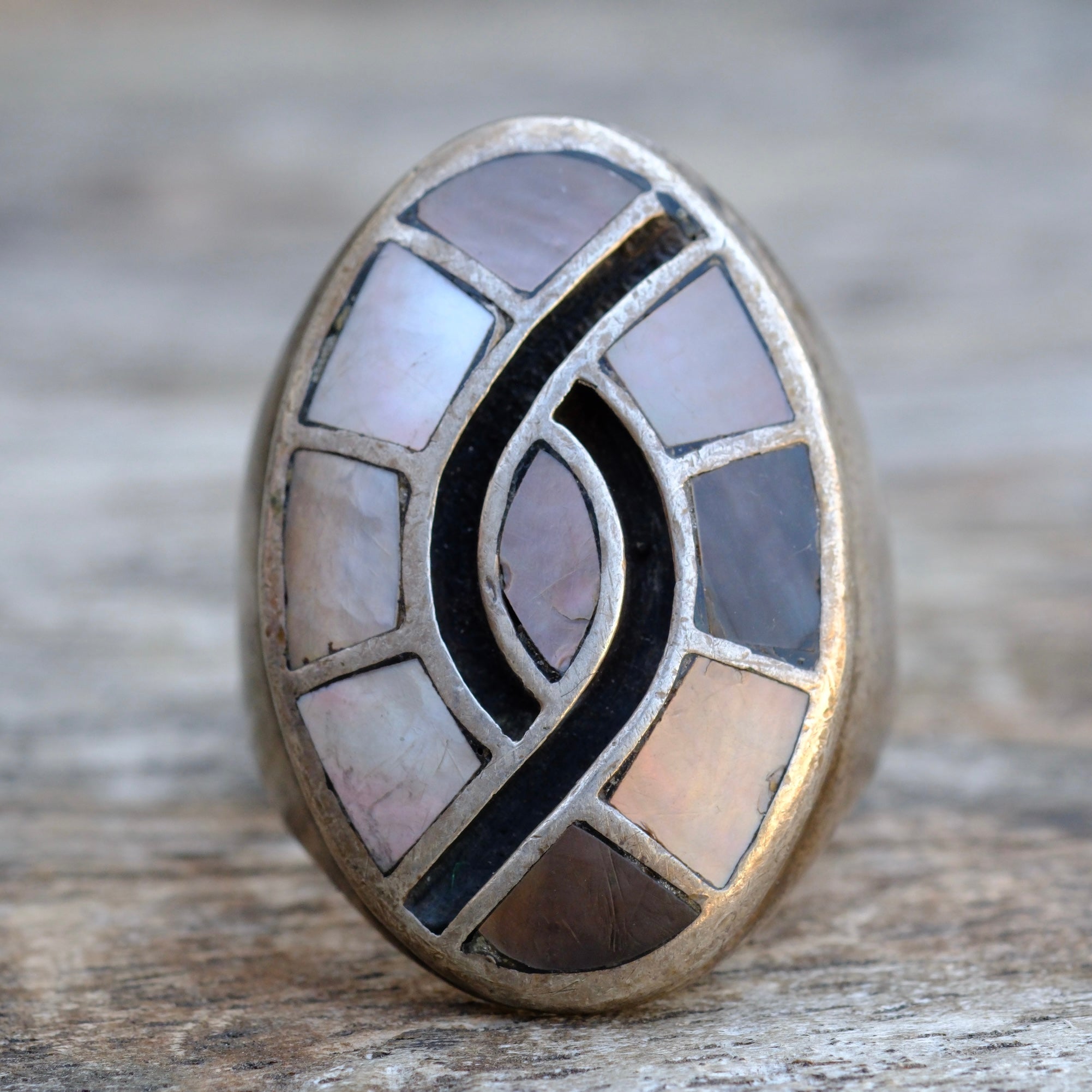 Vintage Sterling MOP and Abalone Inlay Hummingbird Ring 9