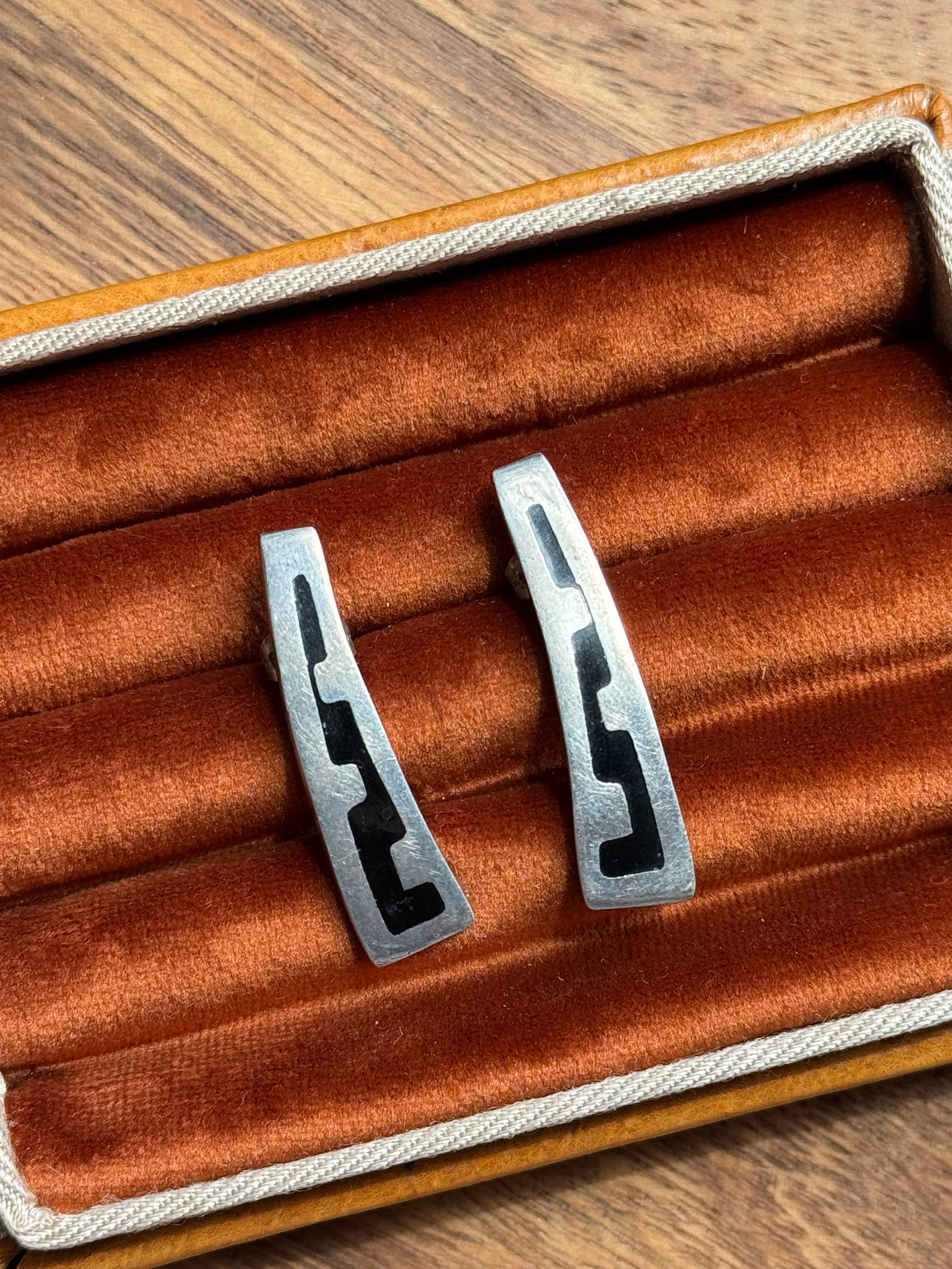 Vintage Sterling Silver Black Enamel Inlay Aztec Earrings