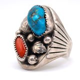 Vintage Sterling Turquoise and Coral Feather Ring 11.5