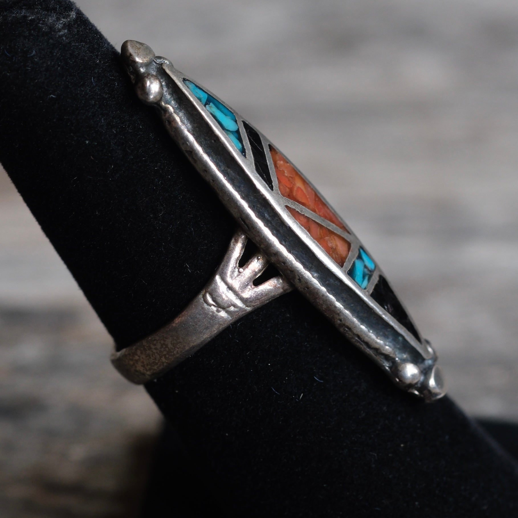 Vintage Sterling Turquoise and Coral and Onyx Ring 6
