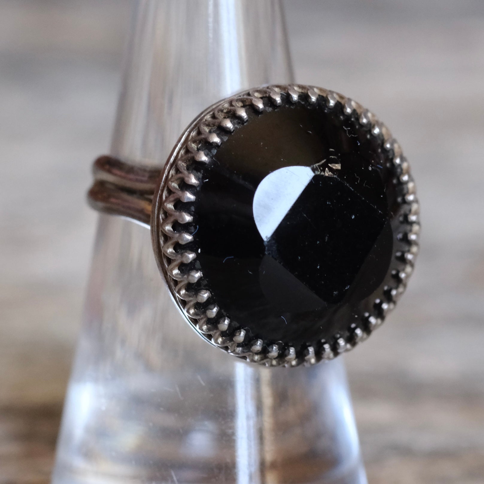 Vintage Sterling Faceted Onyx Ring 6.5