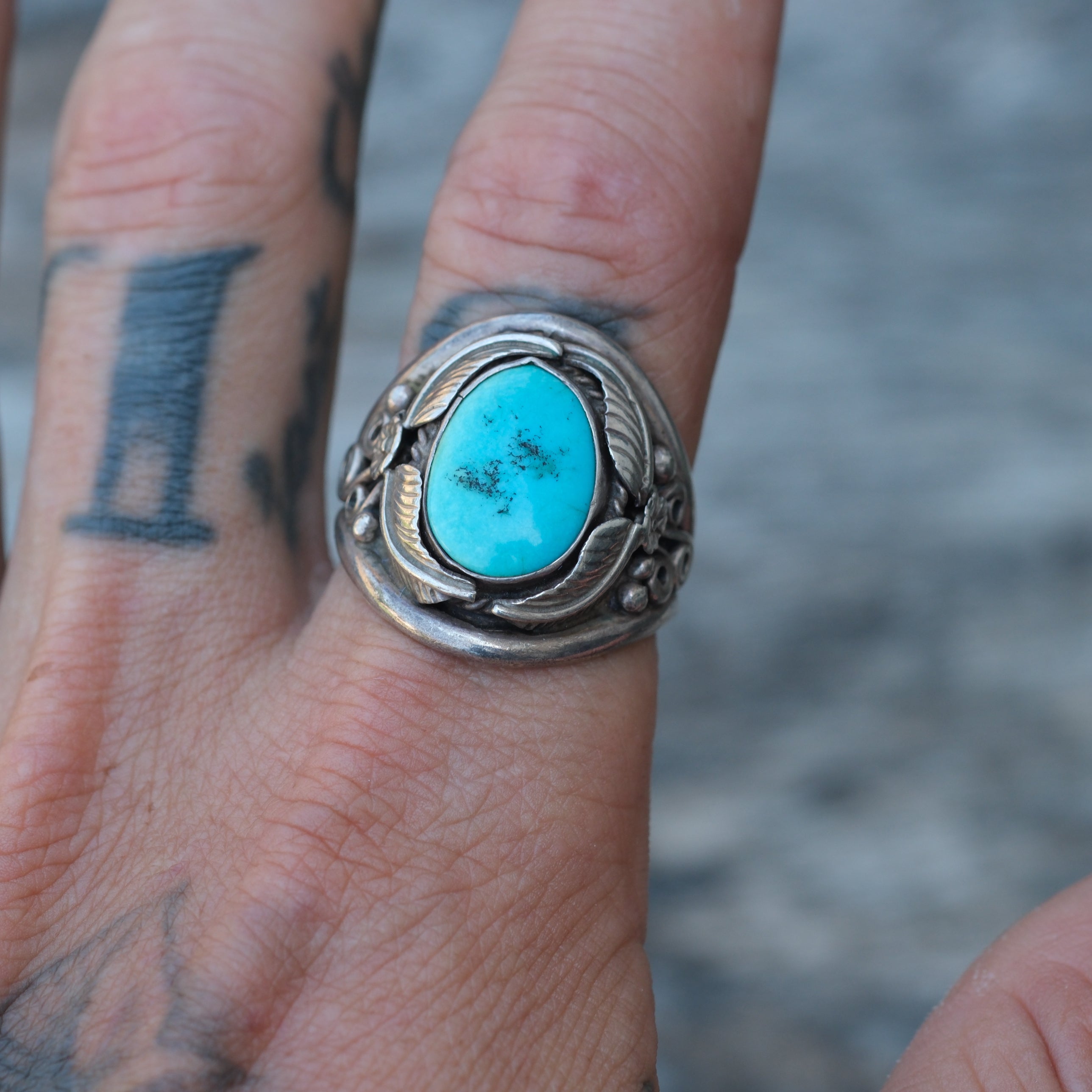 Vintage Sterling Turquoise Feather Ring 11
