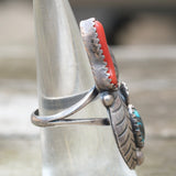 Vintage Sterling Turquoise and Coral Feather Ring 6