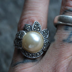 Vintage Sterling Pearl Marcasite Ring 7.5