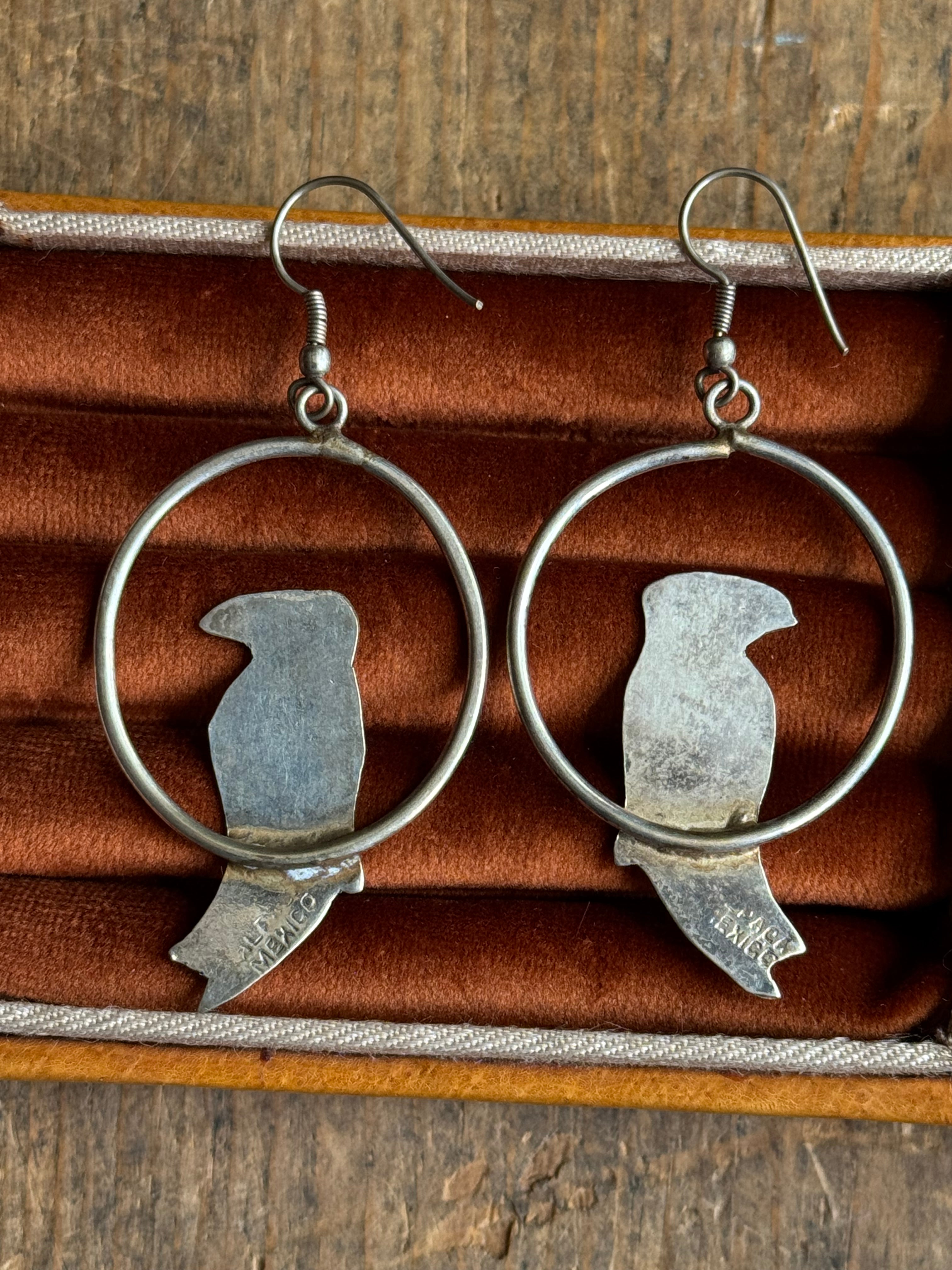 Vintage Alpaca Silver Turquoise Inlay Parrot Earrings