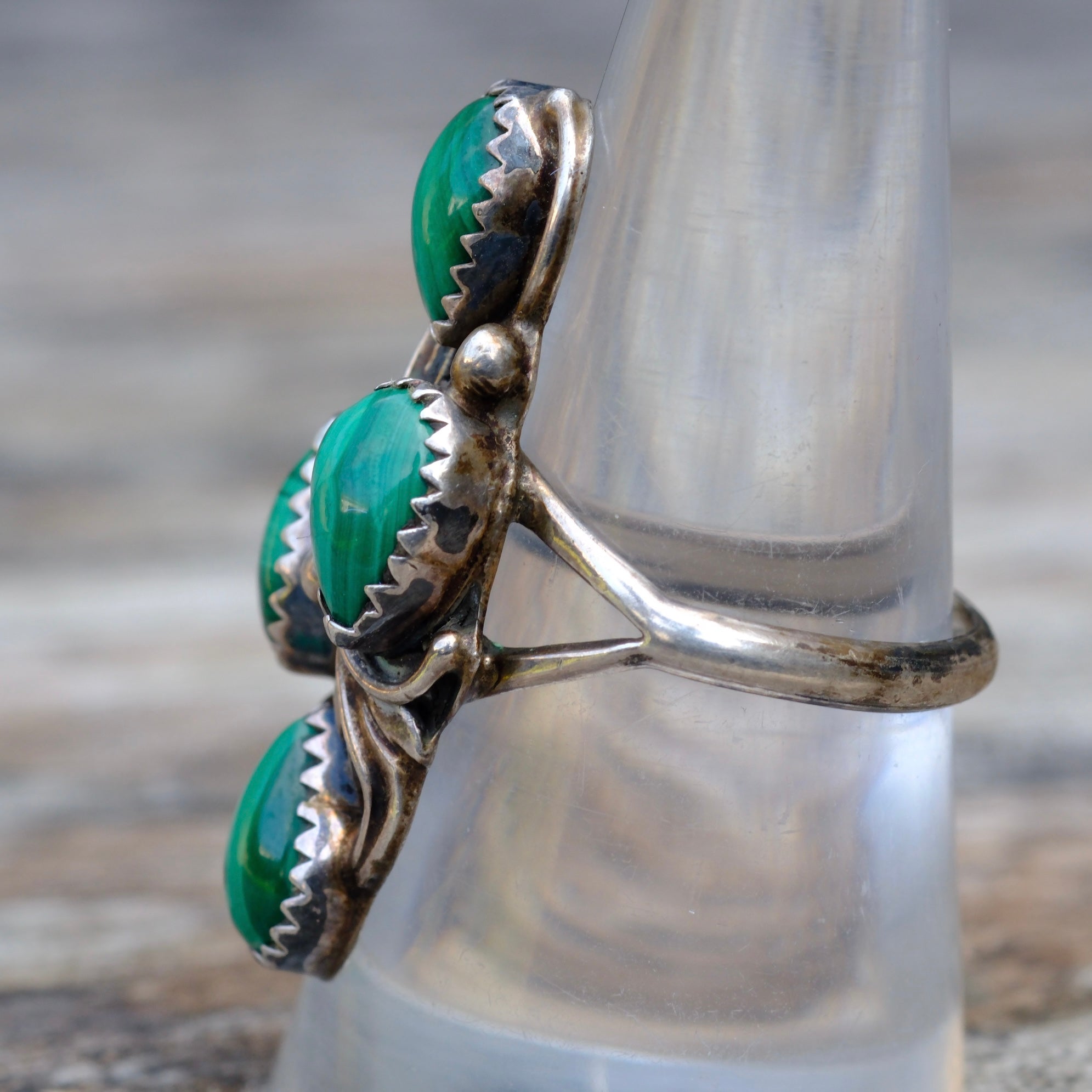 Vintage Sterling 4-Stone Malachite Feather Ring 8.75