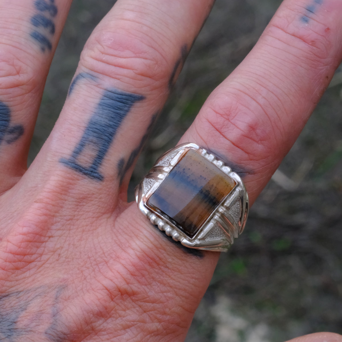 Vintage Sterling Agate Signet Ring 11.75