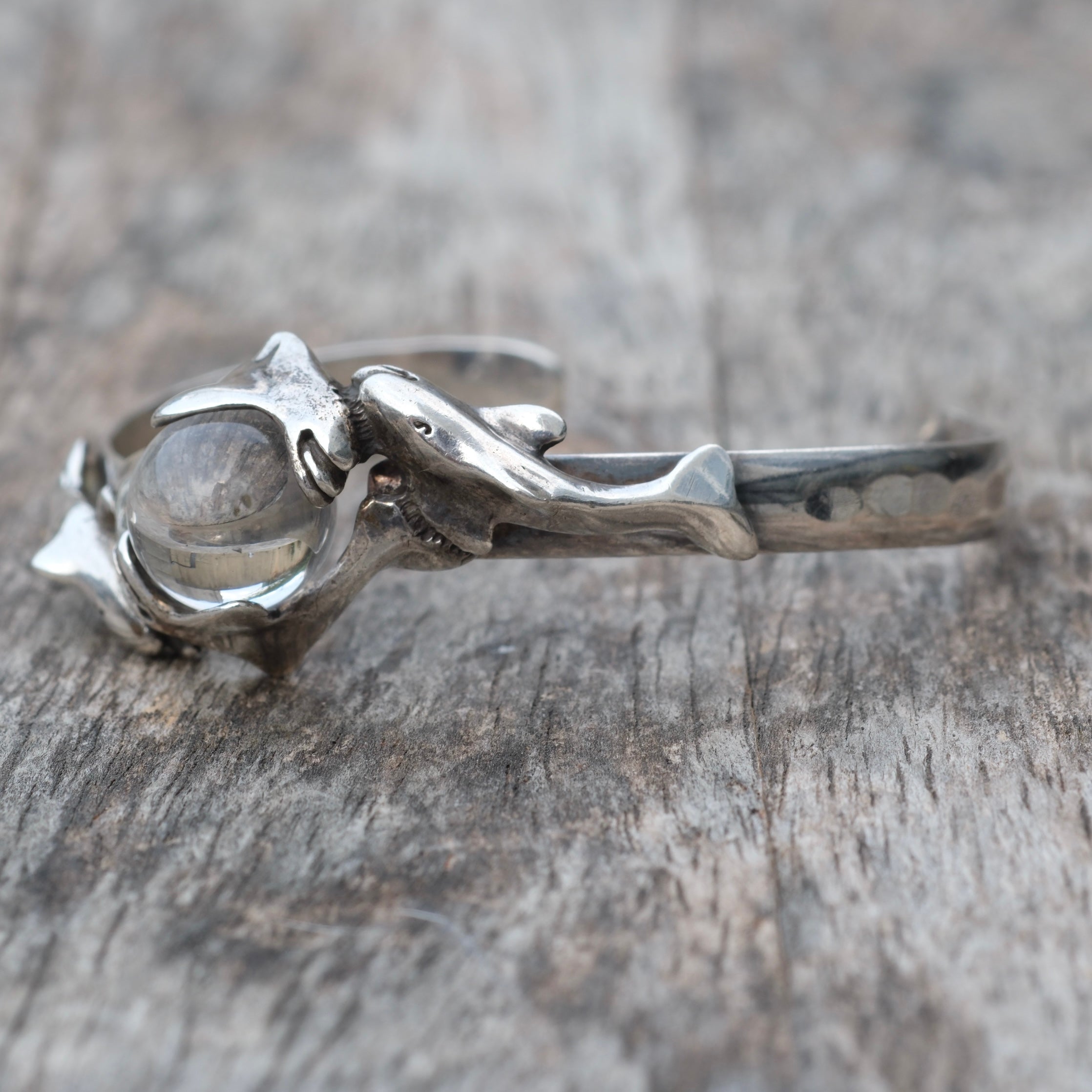 Vintage Sterling Crystal Dolphin Cuff Bracelet