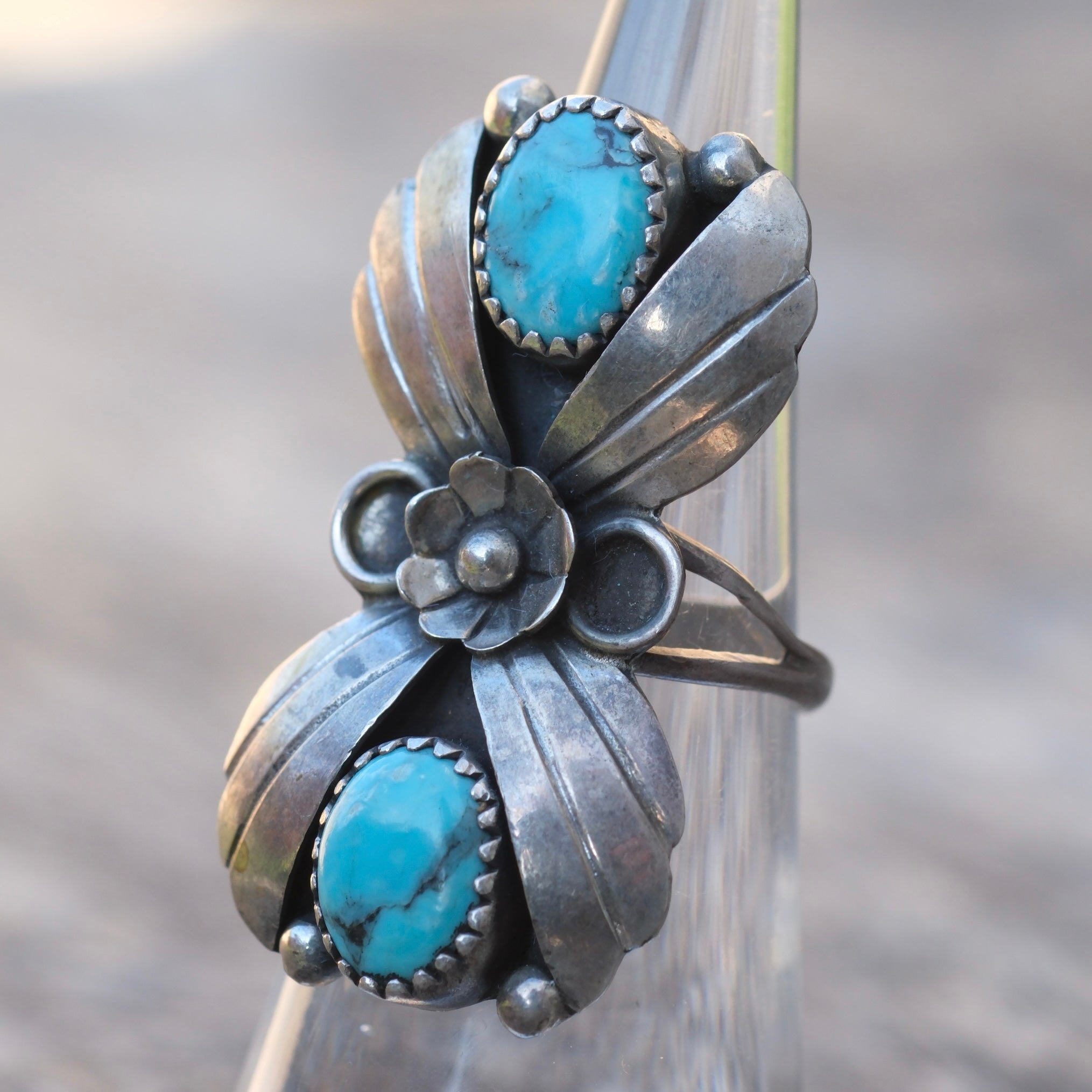 Vintage Sterling 2-Stone Turquoise Blossom Ring 4.75