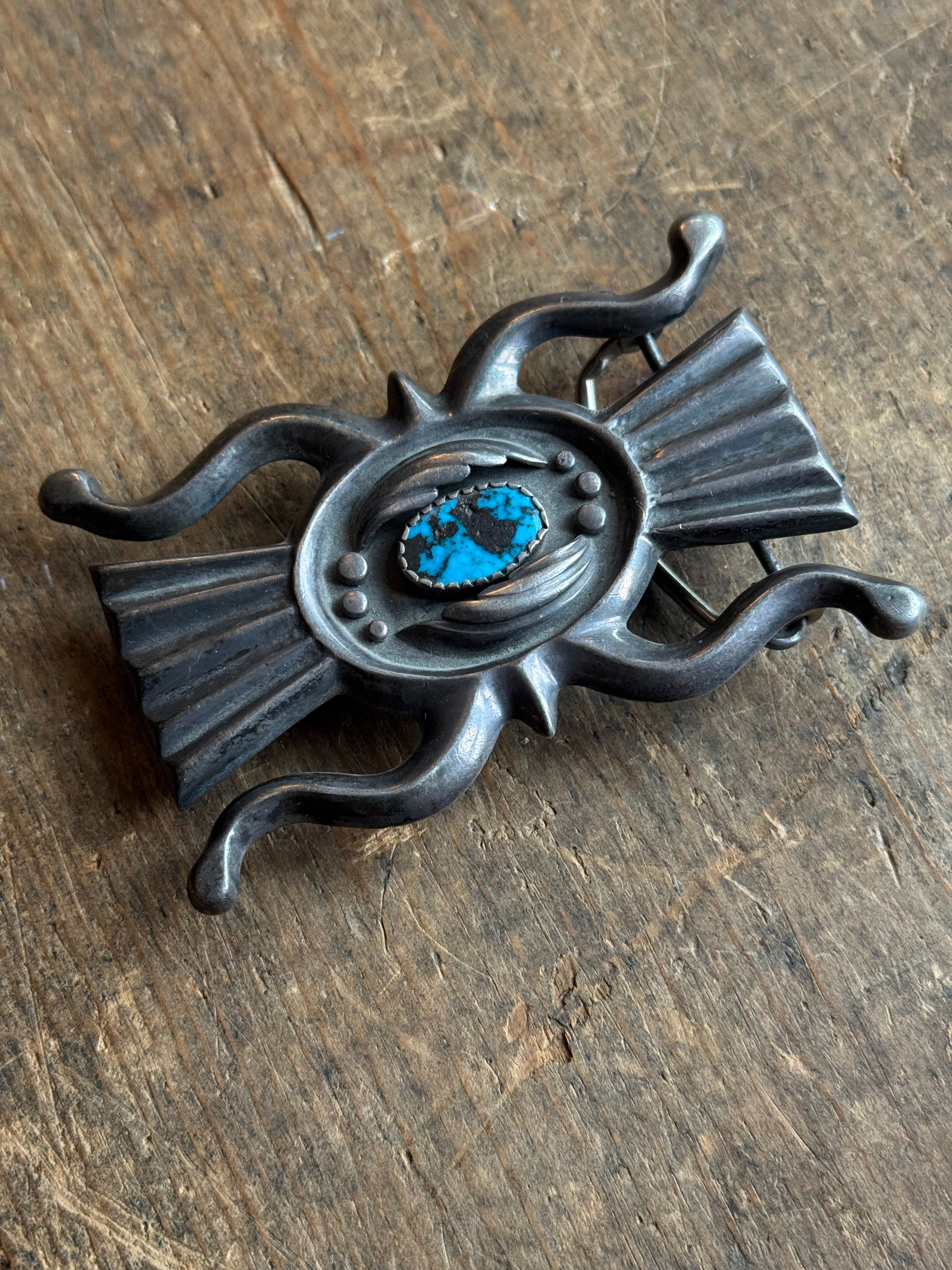 Vintage Sterling Silver Turquoise Sandcast Belt Buckle