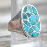 Vintage Sterling Turquoise Inlay Fish Scale Ring 10.5
