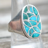 Vintage Sterling Turquoise Inlay Fish Scale Ring 10.5