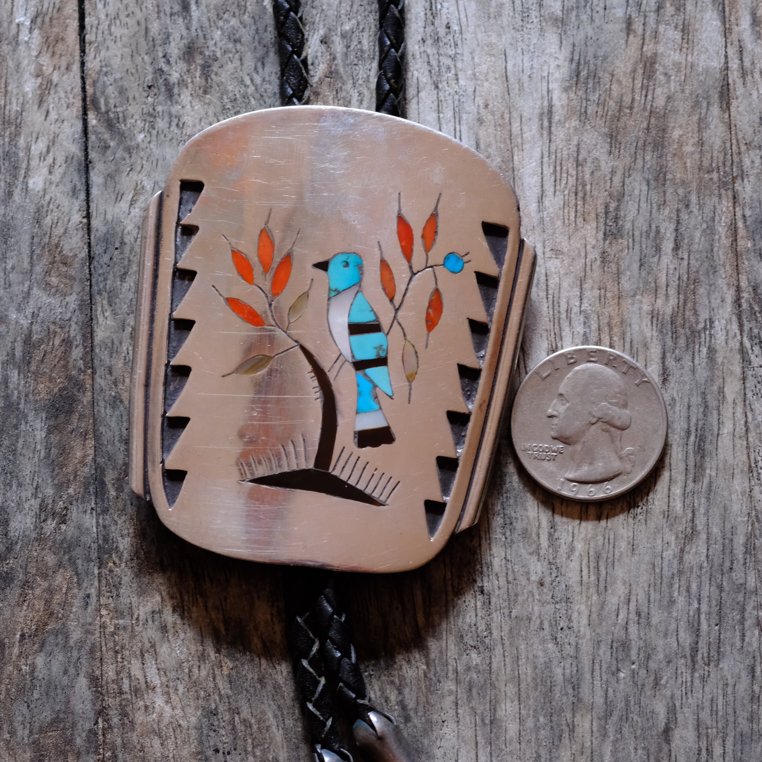 Huge Vintage Sterling Inlay Blue Jay Bolo Tie