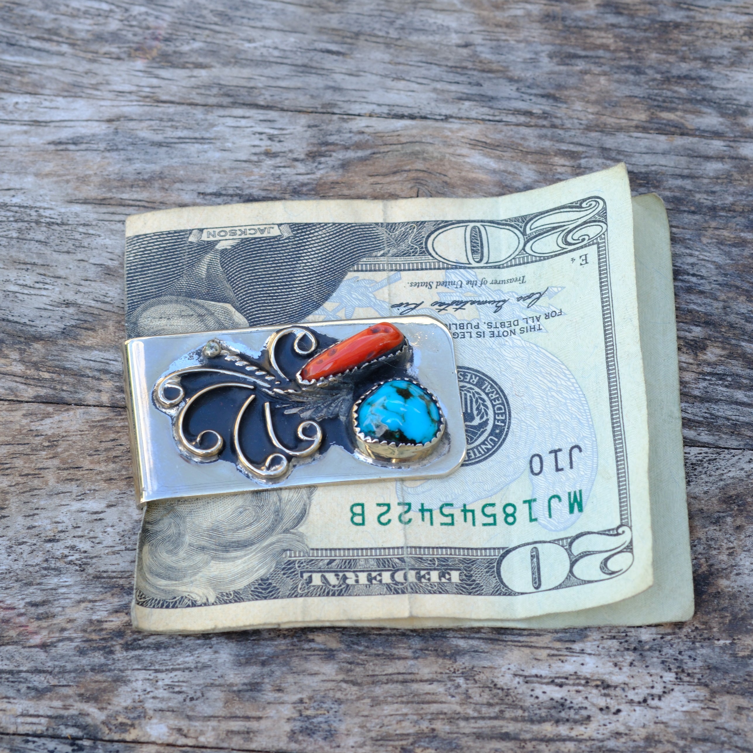 Vintage Turquoise and Coral Feather Money Clip