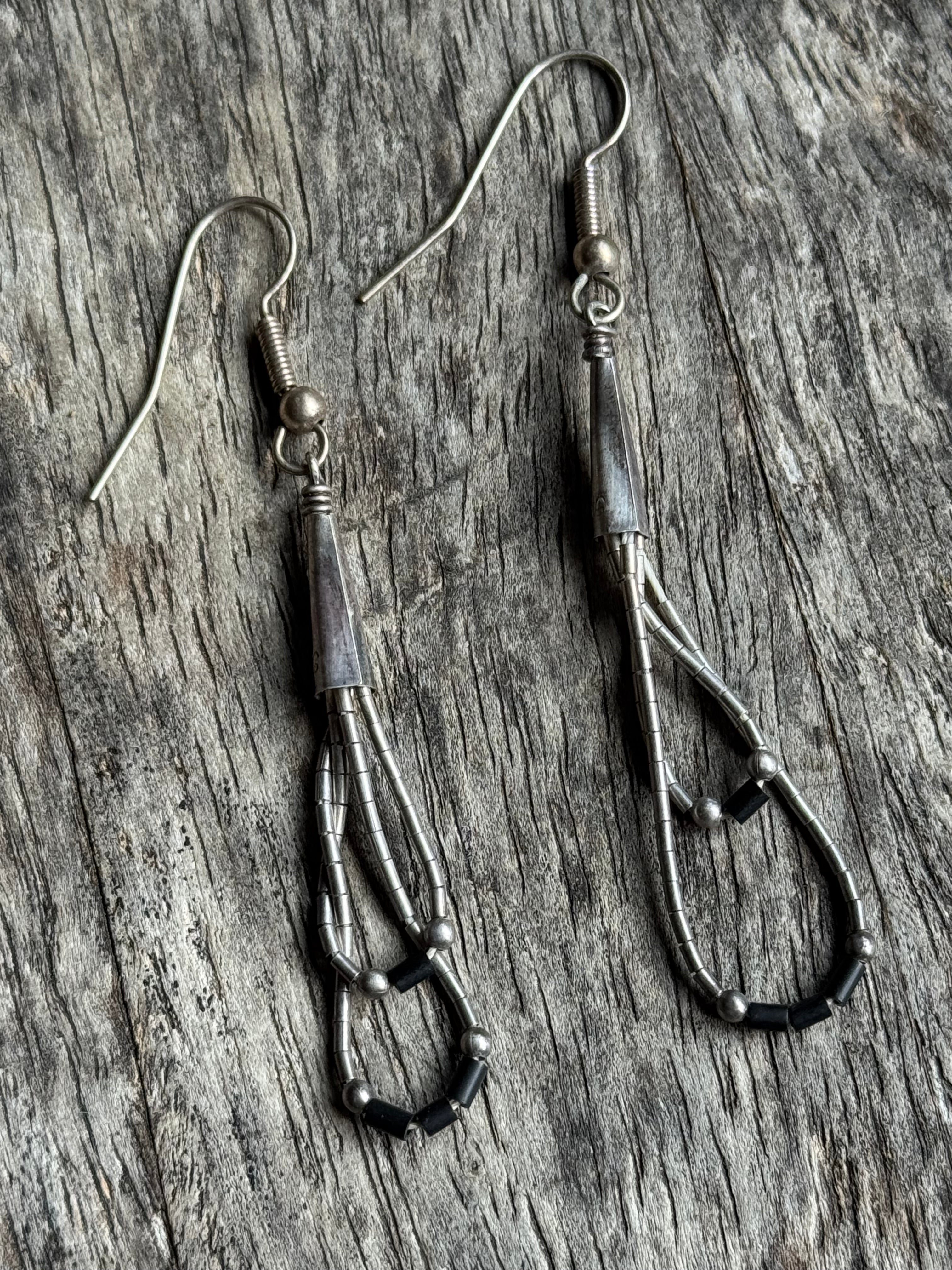 Vintage Sterling Silver Onyx Beaded Liquid Silver Earrings