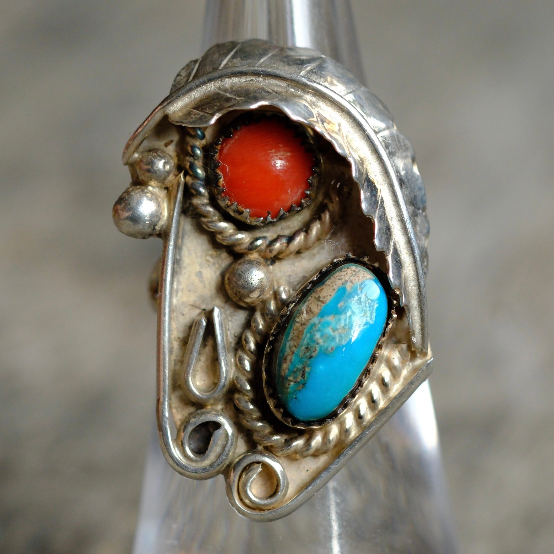 Vintage Sterling Turquoise and Coral Feather Ring 5.5