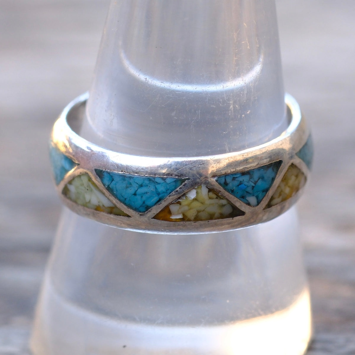 Vintage Sterling Turquoise and Mother Of Pearl Inlay Band 9.75