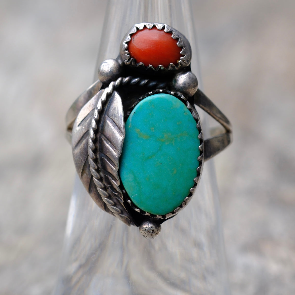 Vintage Sterling Turquoise and Coral Feather Ring 6.75