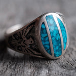 Vintage Sterling Crushed Turquoise Inlay Thunderbird Ring 12.5