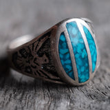 Vintage Sterling Crushed Turquoise Inlay Thunderbird Ring 12.5