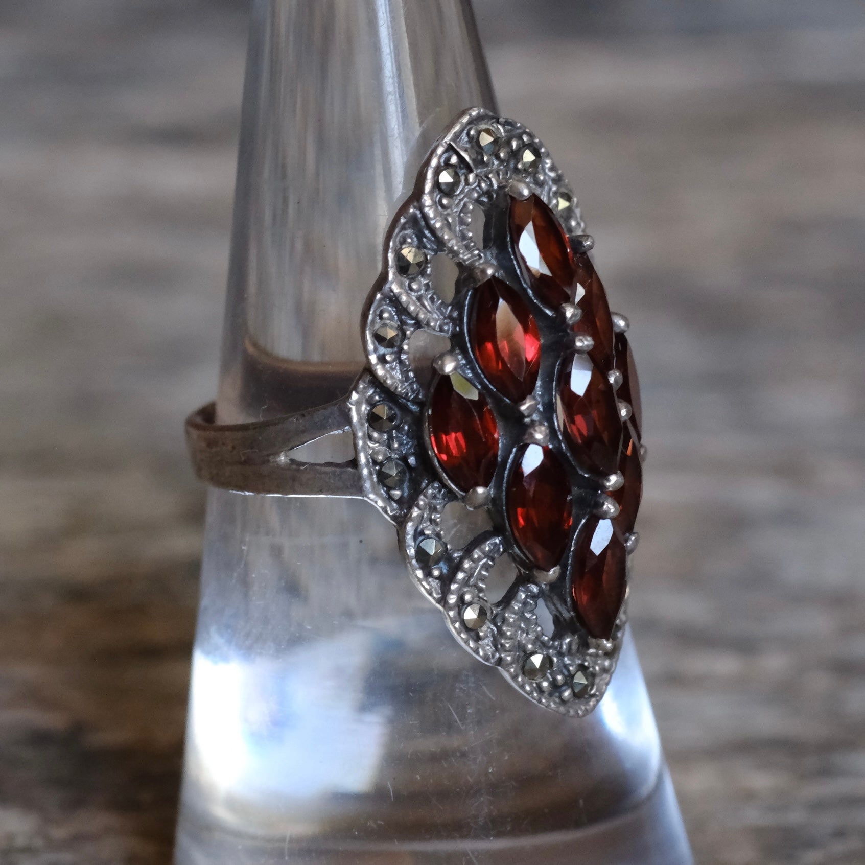 Vintage Sterling Red Glass Marcasite Ring 6.5
