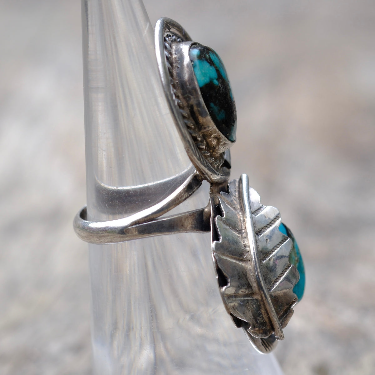 Vintage Sterling 2-Stone Turquoise Feather Ring 4.5